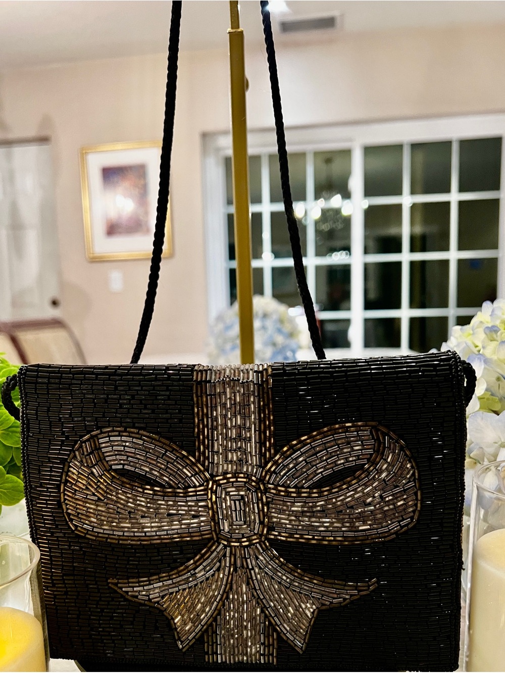 Carla Marchi Vintage Black Beaded Bow Evening Bag Crossbody Clutch